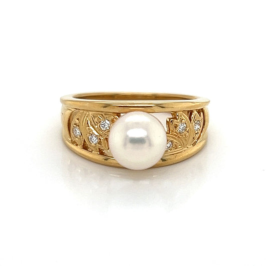 Mikimoto Diamond Akoya Pearl 18k Yellow Gold Leaf Band Ring - Size 5.5