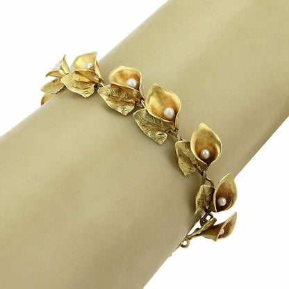 Art Nouveau Pearls Calla Lilly Floral 18k Yellow Gold Link Bracelet