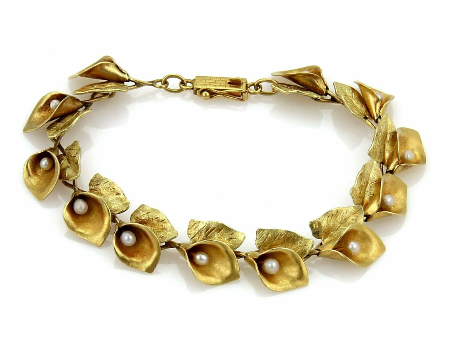 Art Nouveau Pearls Calla Lilly Floral 18k Yellow Gold Link Bracelet