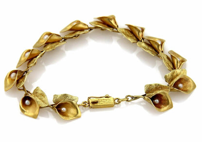 Art Nouveau Pearls Calla Lilly Floral 18k Yellow Gold Link Bracelet