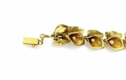 Art Nouveau Pearls Calla Lilly Floral 18k Yellow Gold Link Bracelet