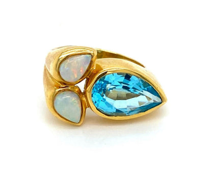 Blue Topaz & Fire Opal 18k Yellow Gold Floral Ring - Size 7.75