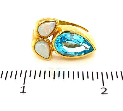 Blue Topaz & Fire Opal 18k Yellow Gold Floral Ring - Size 7.75