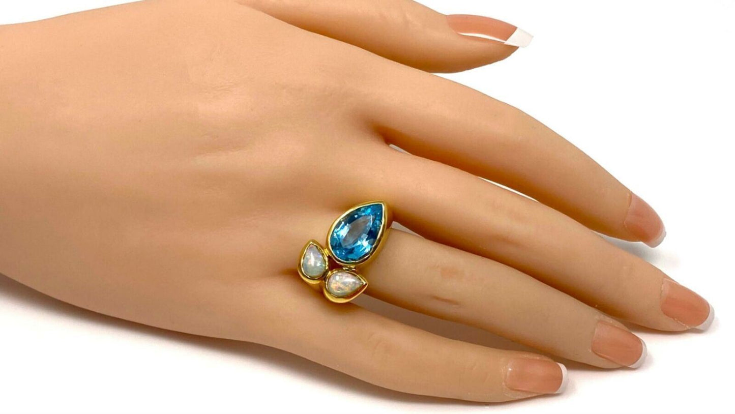 Blue Topaz & Fire Opal 18k Yellow Gold Floral Ring - Size 7.75