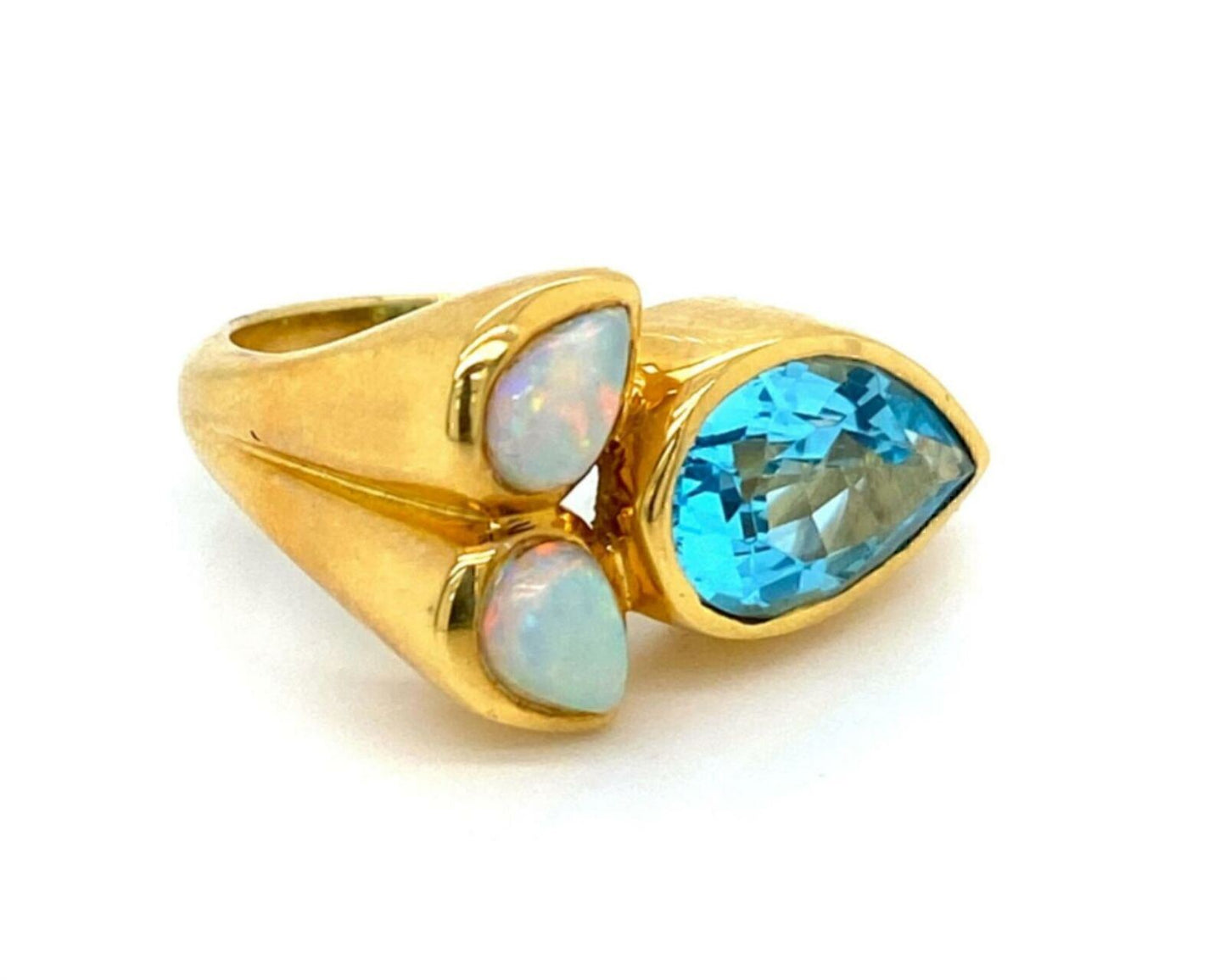 Blue Topaz & Fire Opal 18k Yellow Gold Floral Ring - Size 7.75