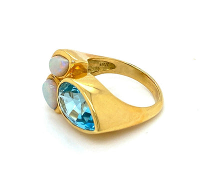 Blue Topaz & Fire Opal 18k Yellow Gold Floral Ring - Size 7.75