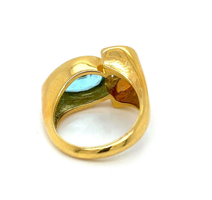 Blue Topaz & Fire Opal 18k Yellow Gold Floral Ring - Size 7.75