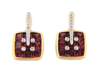 Bellarri Diamond Rhodolite Garnet 18k Yellow Gold Dangle Earrings