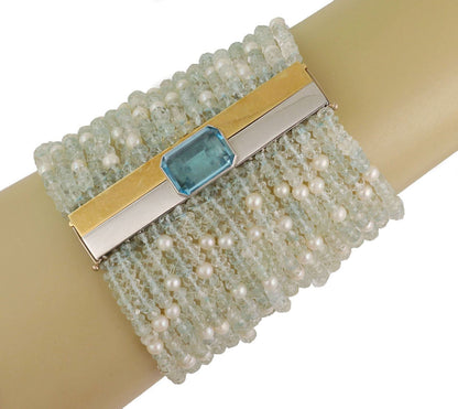 Blue Topaz Aquamarine Pearls 18k White Gold Multi-Strand Bead Bracelet