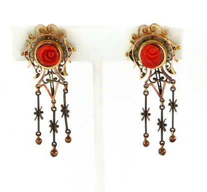 Victorian Coral Rose 14k Gold Dangle Screw Back Dangle Earrings