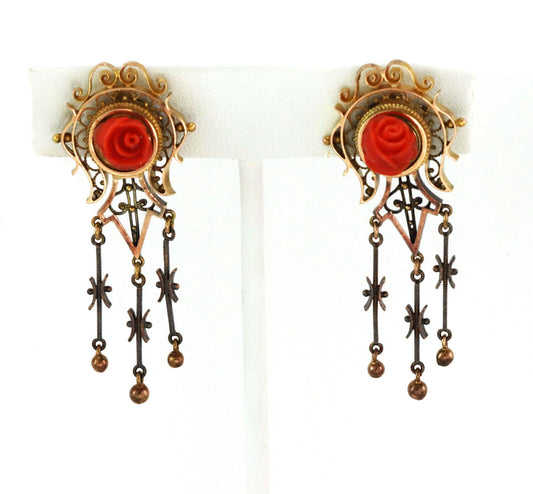 Victorian Coral Rose 14k Gold Dangle Screw Back Dangle Earrings