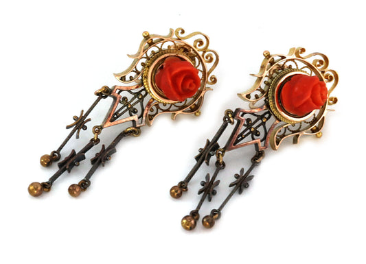 Victorian Coral Rose 14k Gold Dangle Screw Back Dangle Earrings
