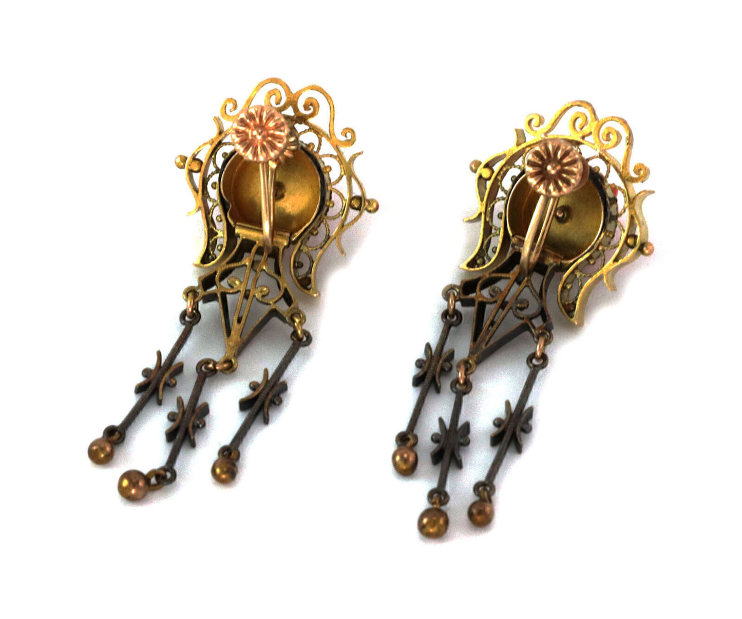 Victorian Coral Rose 14k Gold Dangle Screw Back Dangle Earrings