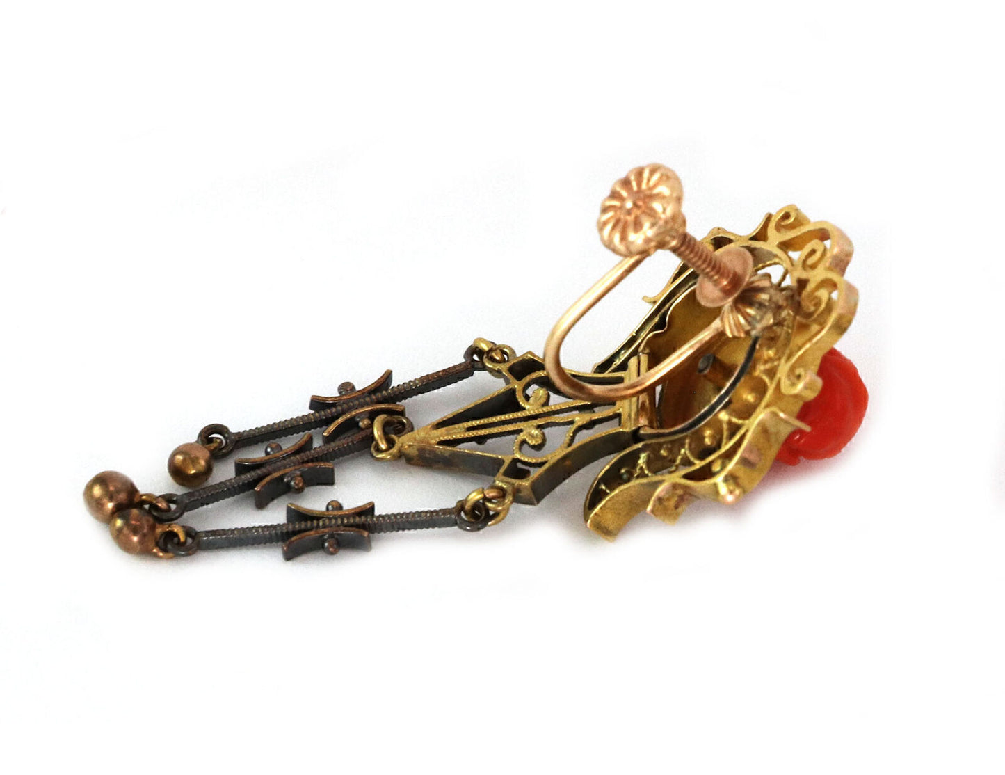 Victorian Coral Rose 14k Gold Dangle Screw Back Dangle Earrings