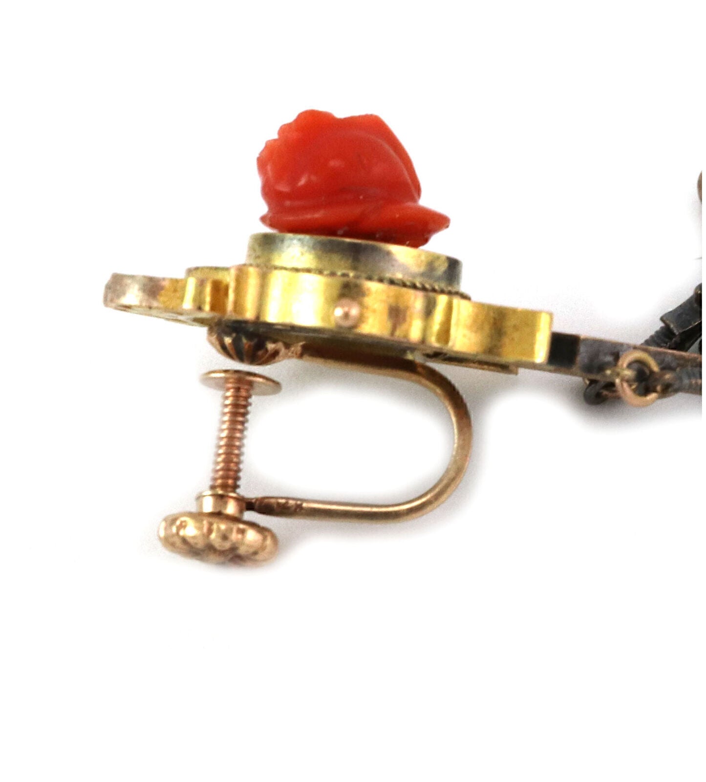 Victorian Coral Rose 14k Gold Dangle Screw Back Dangle Earrings