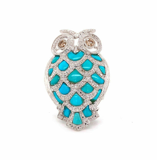 Champagne Diamond Turquoise 18k White Gold Owl Pendant Brooch