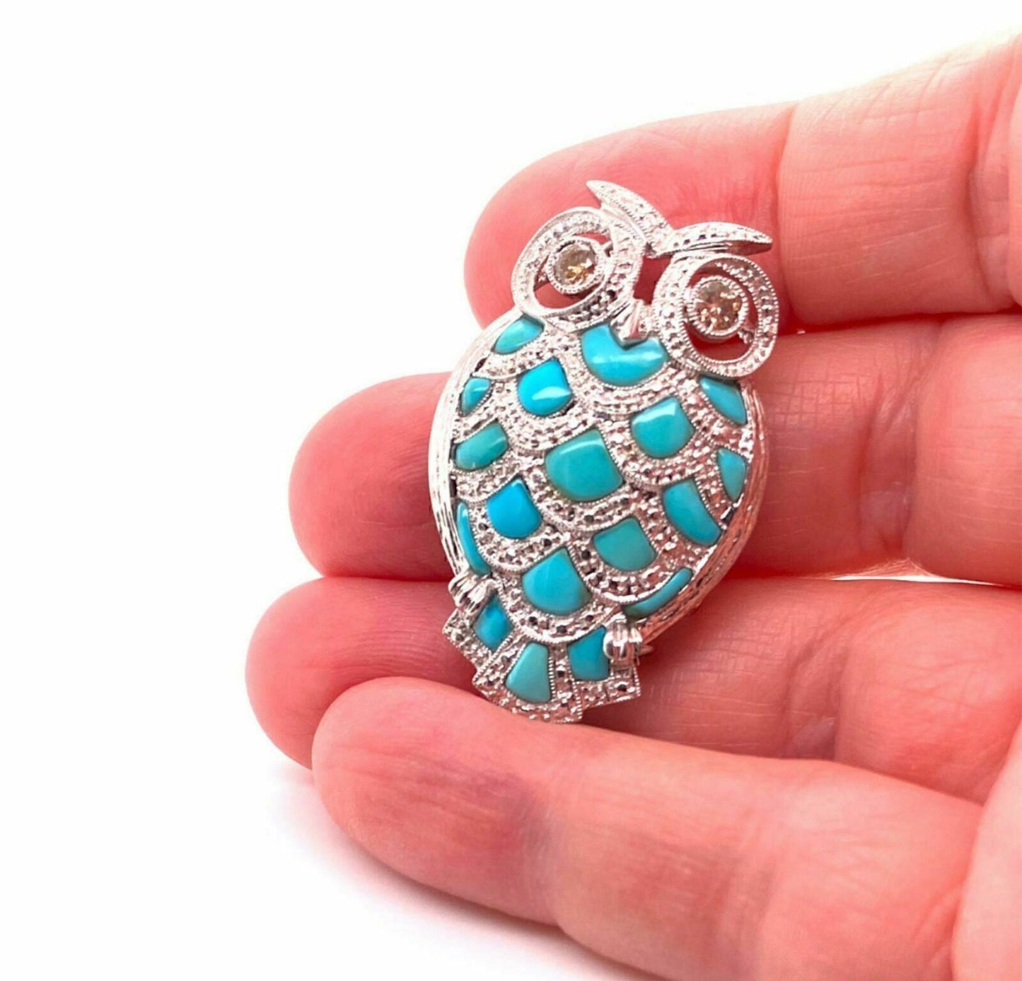 Champagne Diamond Turquoise 18k White Gold Owl Pendant Brooch