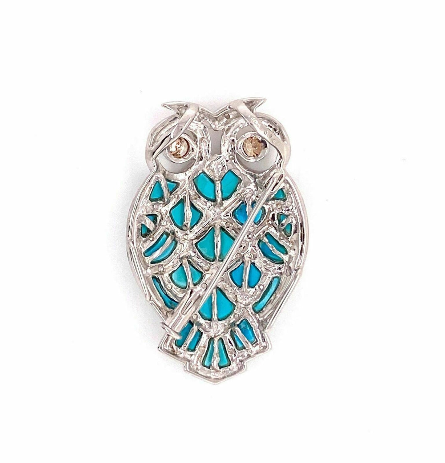 Champagne Diamond Turquoise 18k White Gold Owl Pendant Brooch