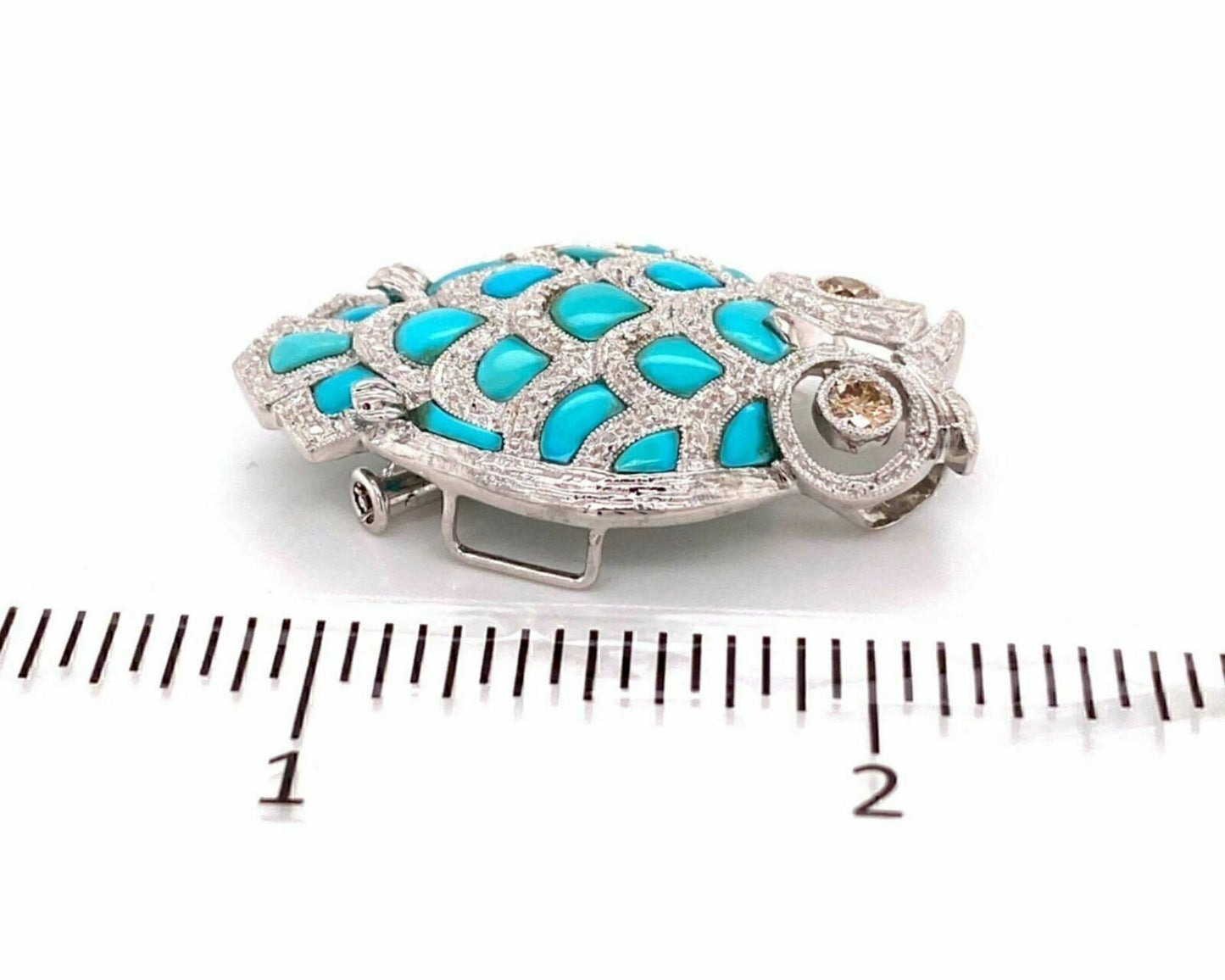 Champagne Diamond Turquoise 18k White Gold Owl Pendant Brooch