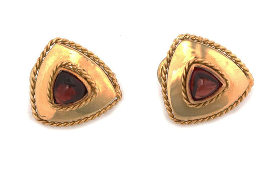 Cabochon Garnet 14k Yellow Gold Trillion Shape  Huggie Earrings