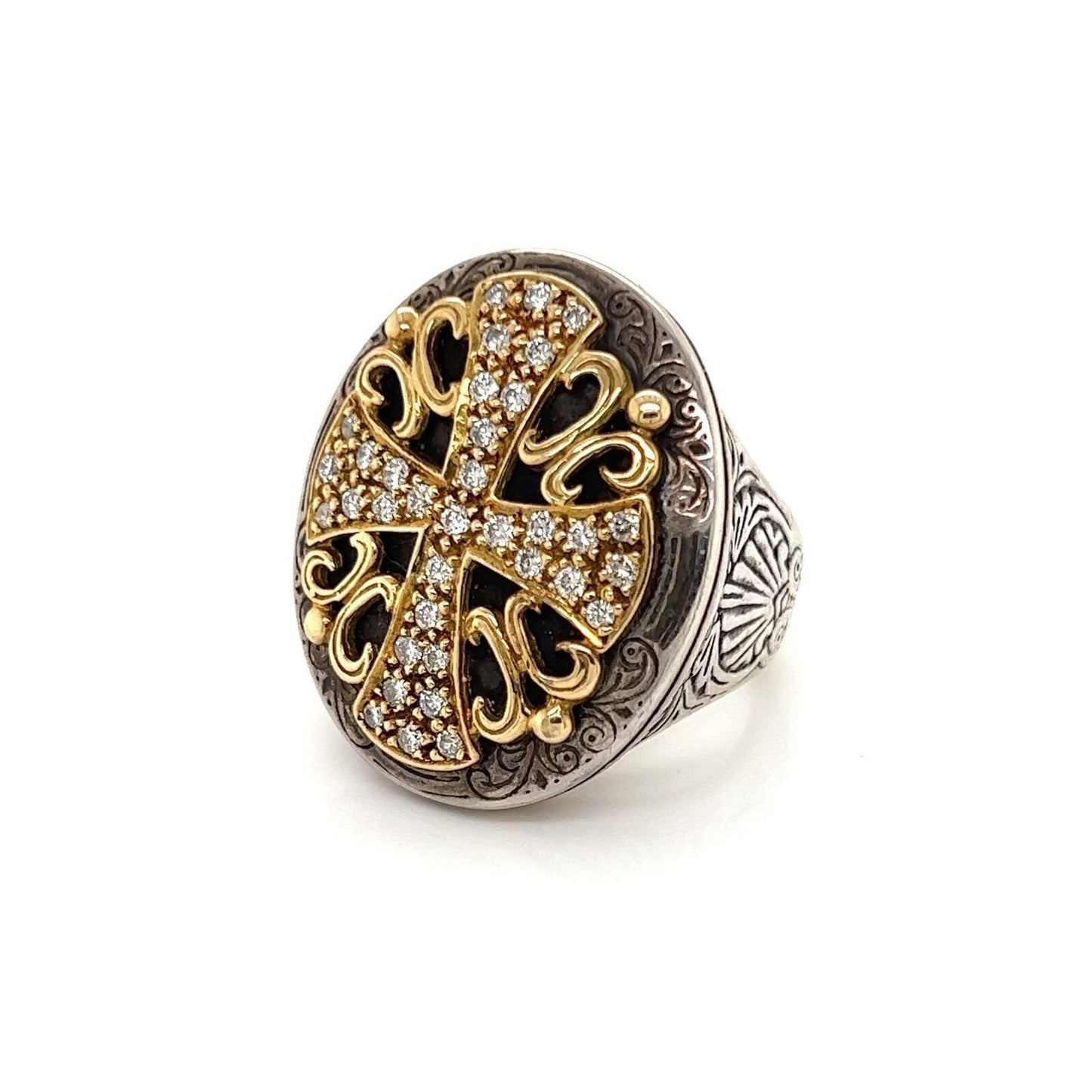 Konstantino Diamond Sterling & 18k Gold Large Oval Shape Maltese Cross Ring - Size 7