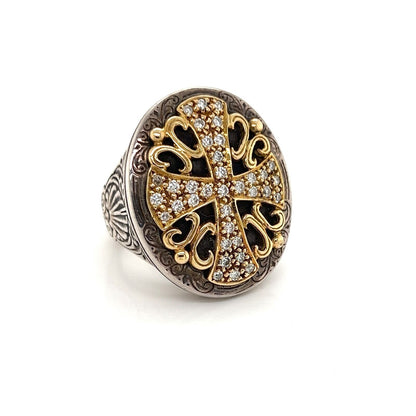 Konstantino Diamond Sterling & 18k Gold Large Oval Shape Maltese Cross Ring - Size 7