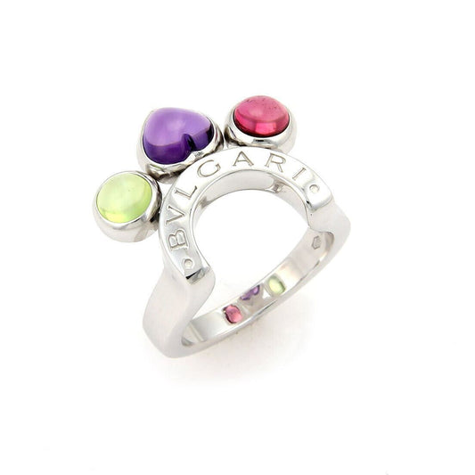 Bvlgari Allegra Amethyst Peridot & Tourmaline 18k white Gold Ring - Size 5