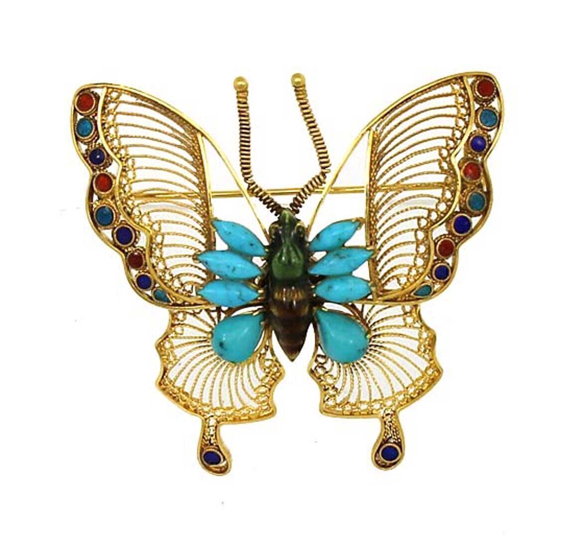 Filigree Butterfly Turquoise & Multi-Color Gems 18k Yellow Gold Enamel Pin Brooch