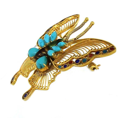 Filigree Butterfly Turquoise & Multi-Color Gems 18k Yellow Gold Enamel Pin Brooch