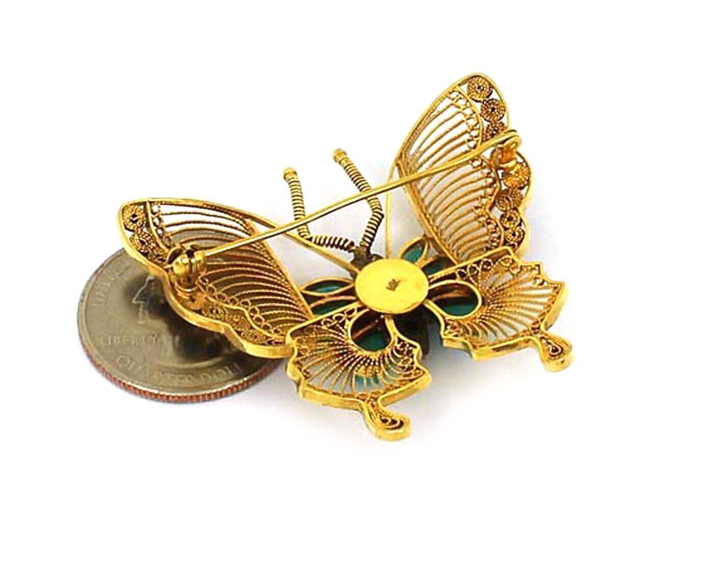 Filigree Butterfly Turquoise & Multi-Color Gems 18k Yellow Gold Enamel Pin Brooch