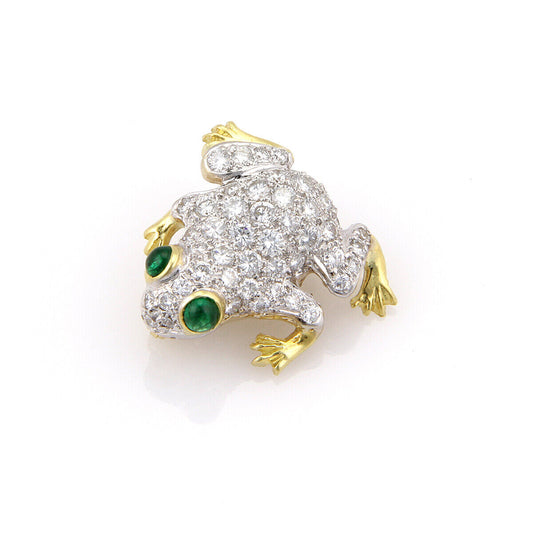 Diamonds & Emerald 18k Two Tone Gold Frog Pin Brooch