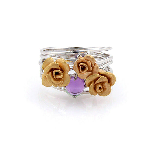 Three Roses & Amethyst 18k White & Yellow Gold Ring - Size 7