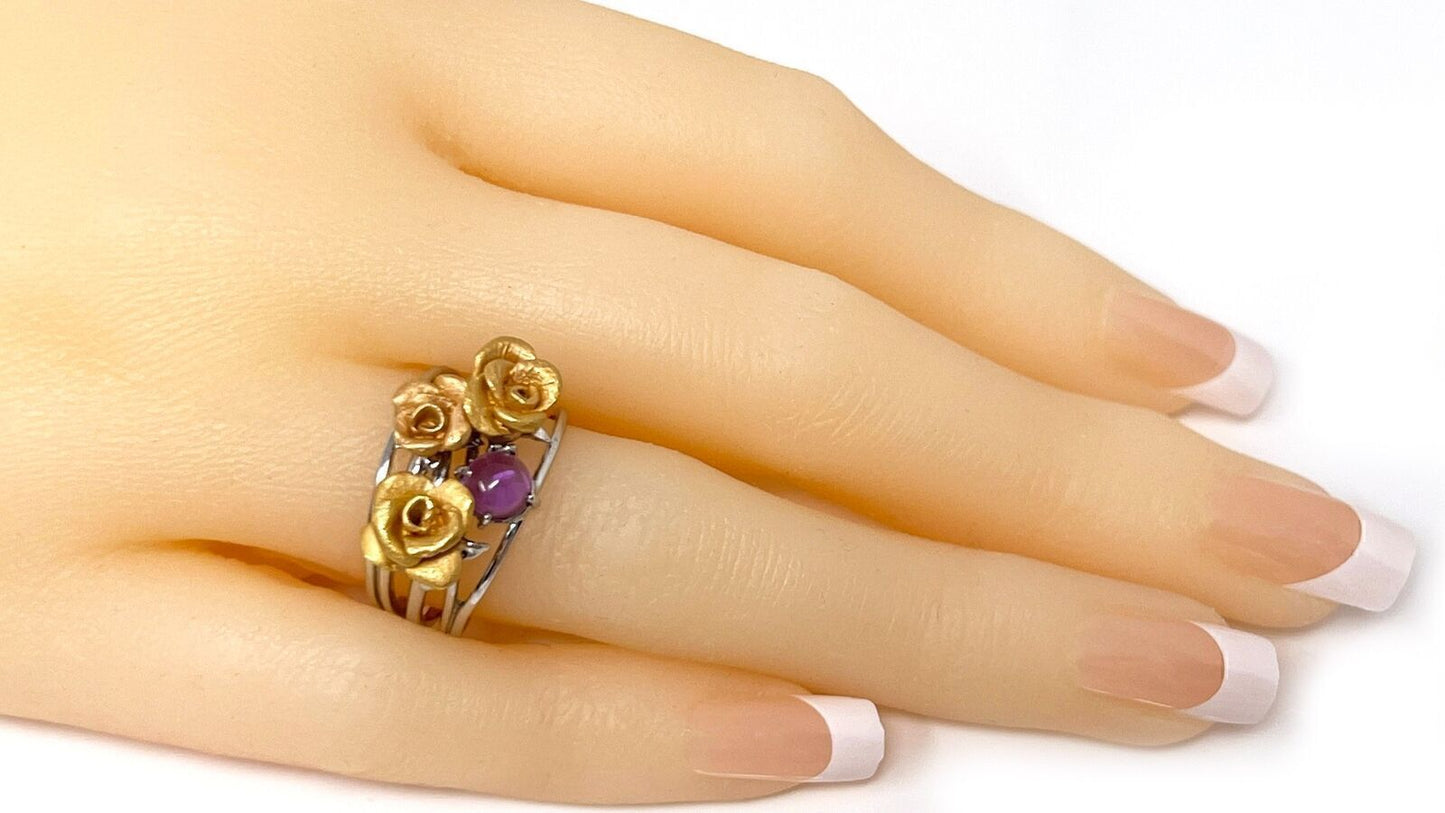 Three Roses & Amethyst 18k White & Yellow Gold Ring - Size 7