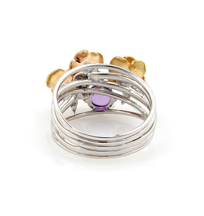 Three Roses & Amethyst 18k White & Yellow Gold Ring - Size 7