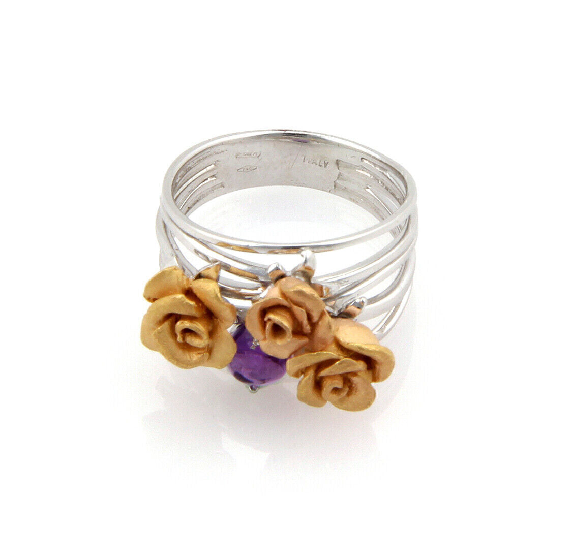 Three Roses & Amethyst 18k White & Yellow Gold Ring - Size 7