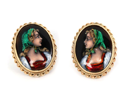 Painted Enamel 14k Yellow Gold Hand Cameo Woman Oval Earrings