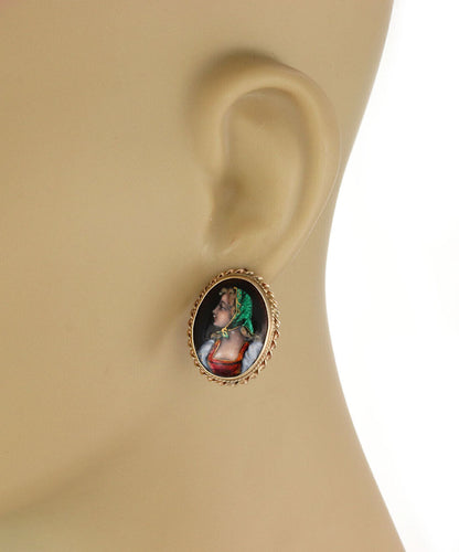 Painted Enamel 14k Yellow Gold Hand Cameo Woman Oval Earrings