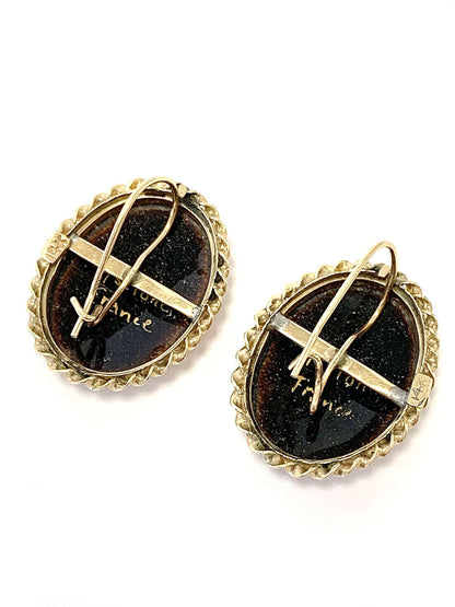 Painted Enamel 14k Yellow Gold Hand Cameo Woman Oval Earrings