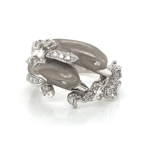 Carrera y Carrera Diamond 18k White Gold Double Dolphin Ring - Size 5