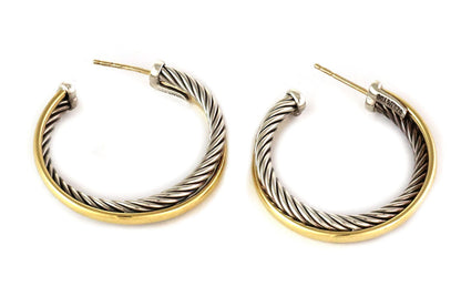 David Yurman Sterling Silver & 18k Yellow Gold Crossover Hoop Earrings