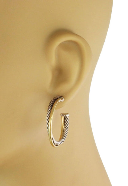 David Yurman Sterling Silver & 18k Yellow Gold Crossover Hoop Earrings