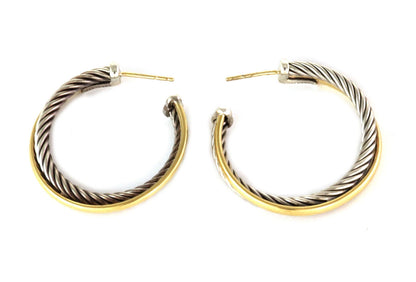 David Yurman Sterling Silver & 18k Yellow Gold Crossover Hoop Earrings