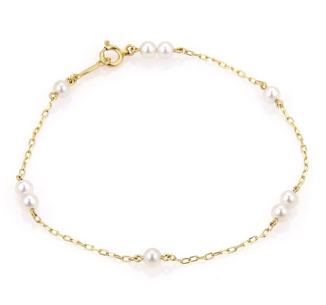 Mikimoto Akoya 3.5mm Pearls Chain Link 14k Yellow Gold Bracelet