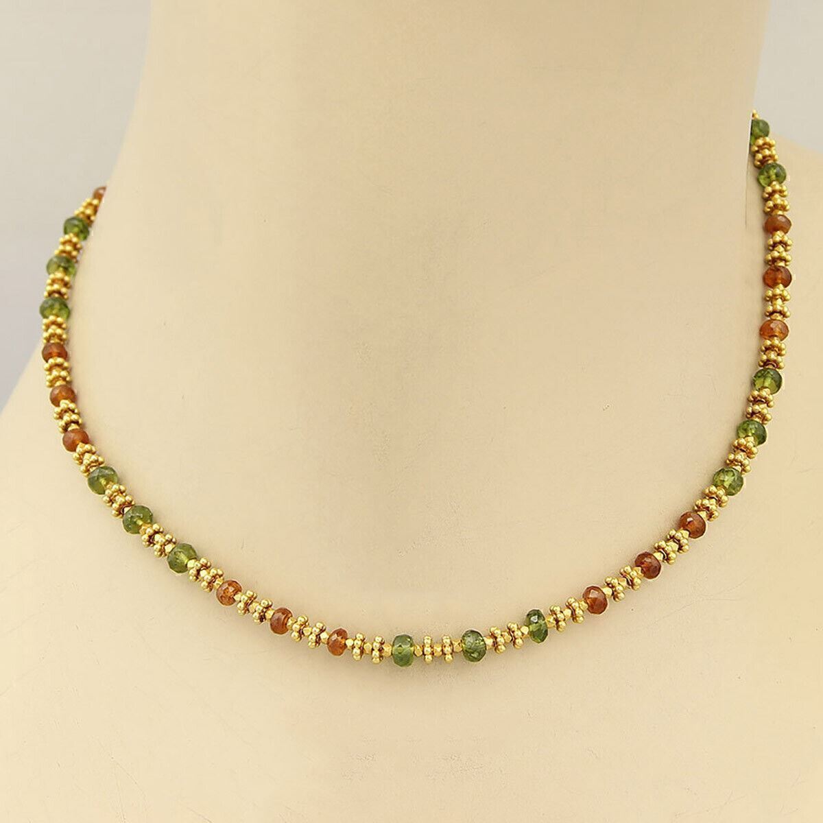 Laura Gibson 22k Yellow Gold Fractal Faceted Orange & Green Beaded Necklace