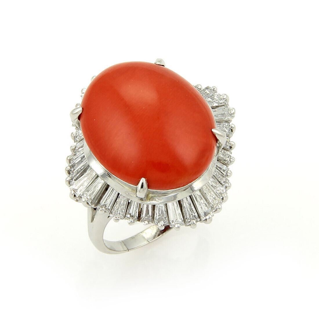 Platinum Baguette Diamonds & Coral Cocktail Ring - Size 7.75