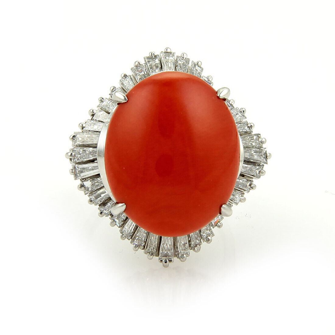 Platinum Baguette Diamonds & Coral Cocktail Ring - Size 7.75