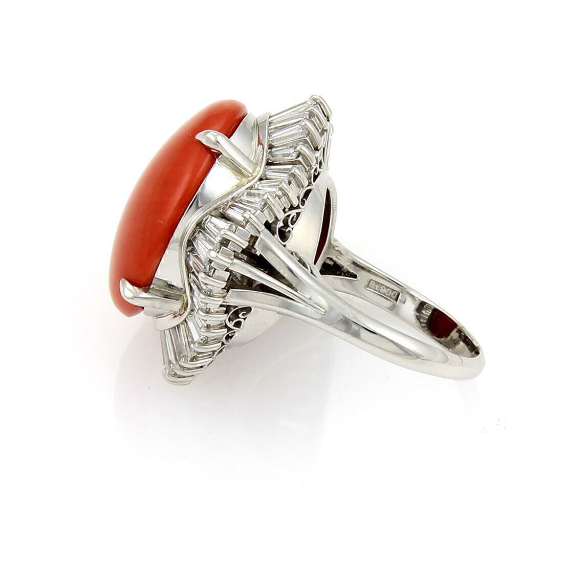 Platinum Baguette Diamonds & Coral Cocktail Ring - Size 7.75