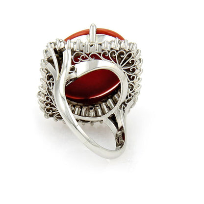 Platinum Baguette Diamonds & Coral Cocktail Ring - Size 7.75