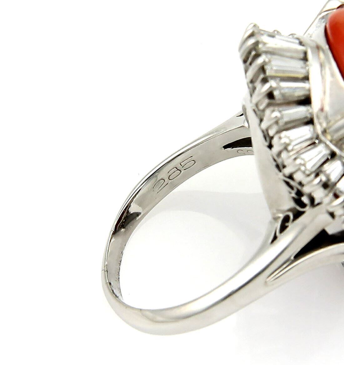 Platinum Baguette Diamonds & Coral Cocktail Ring - Size 7.75