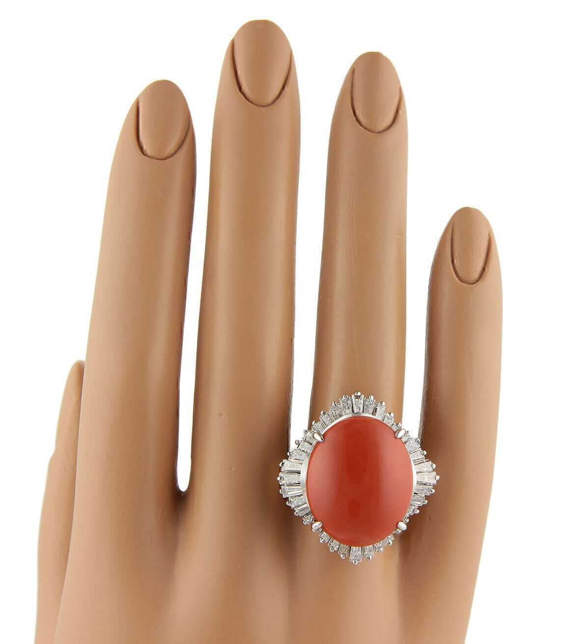 Platinum Baguette Diamonds & Coral Cocktail Ring - Size 7.75